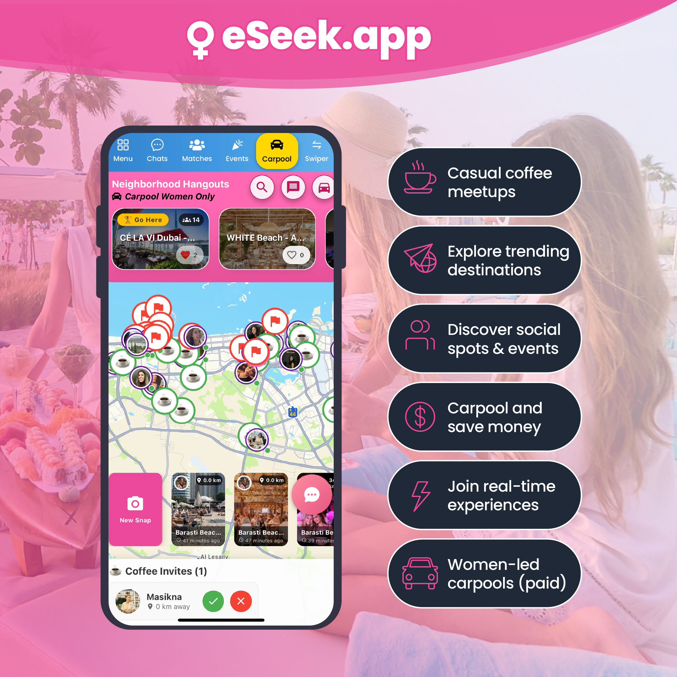 eSeek App Overview - Socialize, Travel, Connect
